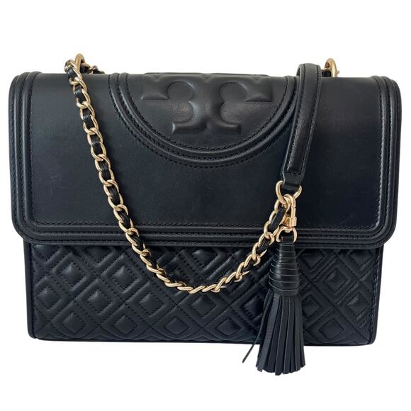 Tory Burch Fleming Leather Convertible Shoulder Bag Crossbody Black Chain Logo - Picture 1 of 11